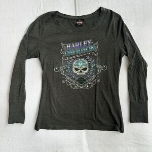 Harley-Davidson Women’s Long Sleeve Shirt Dark Gray Skull Size L